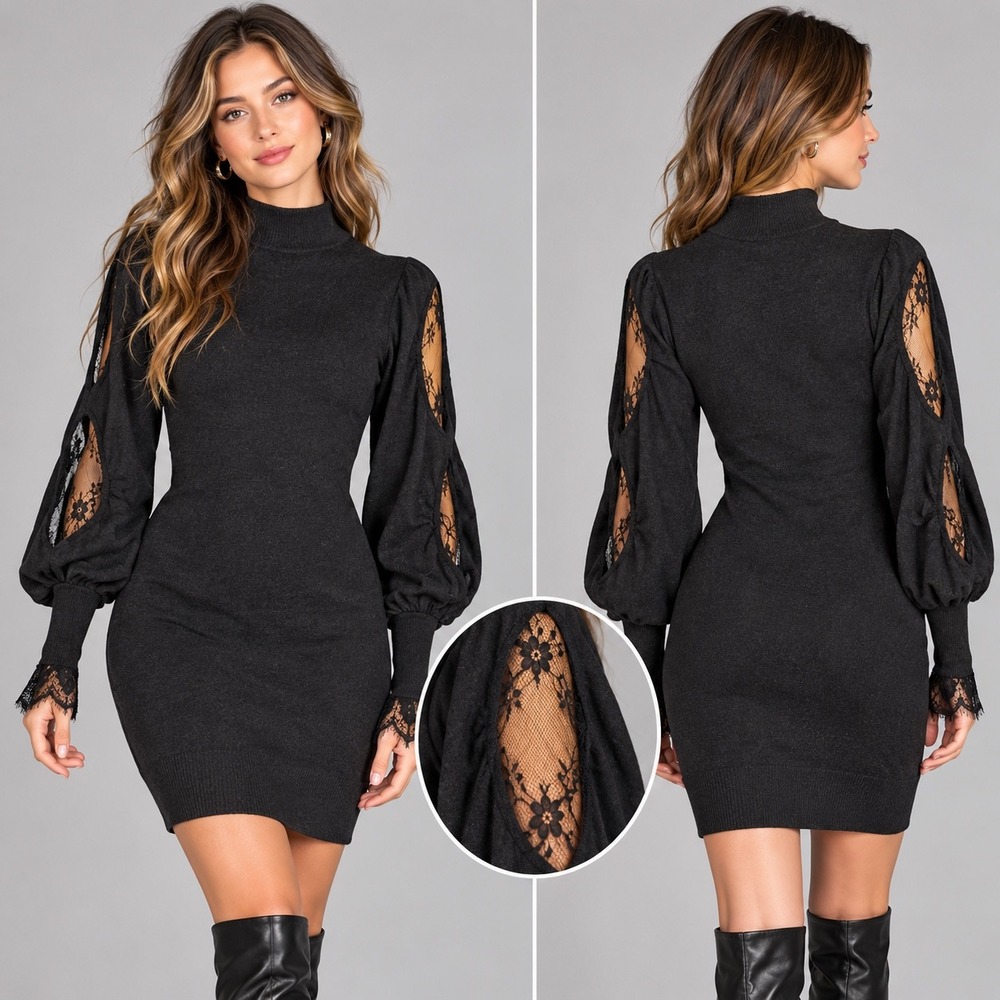 Exlura Sweater Dress Womens S Black Lace Cut Out Balloon Sleeve Goth